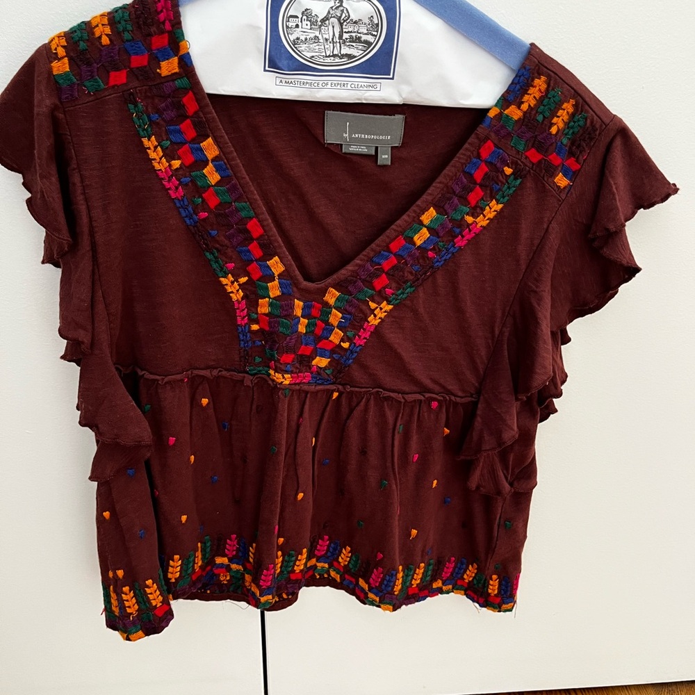 Anthropologie Multicolor Embroidered V-Neck Blouse